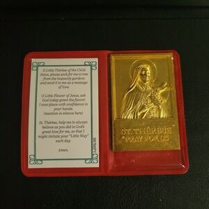 St Therese Little Flower Pocket Prayer Card Gold Plaque Red Case 3x2 Cottagecore